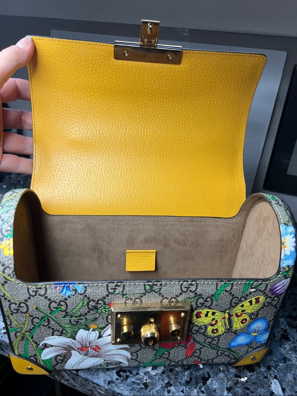 Gucci GG Flora Small Padlock Bamboo Bag Floral Coated Canvas and Yellow Leather - Picture 11 of 16